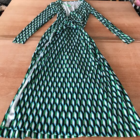 Diane Von Furstenberg Target Wrap Dress Women XS Green Geometric Tie Waist 18081 - Picture 1 of 12